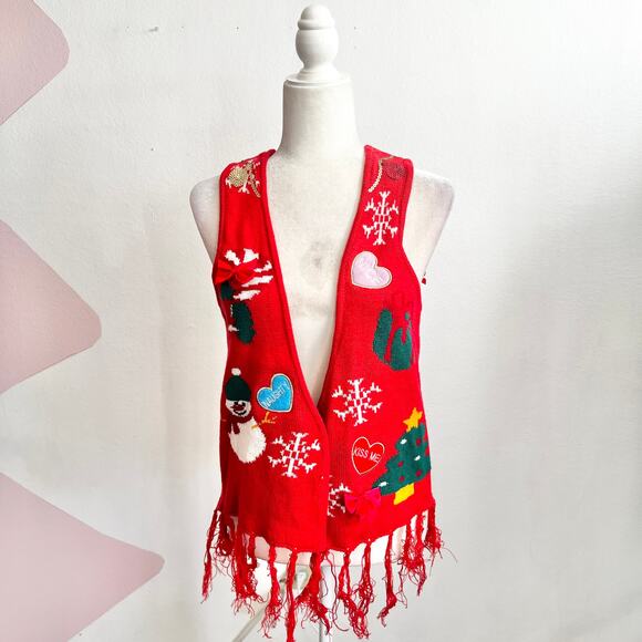 No Brand Jackets & Blazers - Red Ugly Christmas Sweater Vest Holiday Whimsical Retro 90s Small